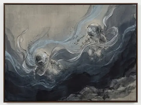 Twin astronaut explorers adrift in an underwater abyss, rendered as traditional - AI生成图片 1