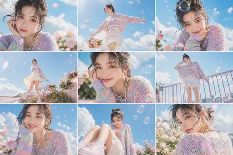 A vibrant 3×3 editorial photo collage featuring nine distinct, expressive poses - AI生成图片 1