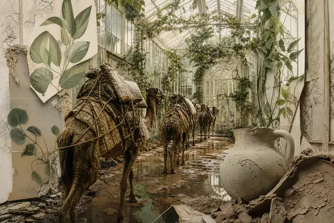 A tense cinematic surrealist photo collage of a desert nomad caravan inside a su - AI生成图片 1