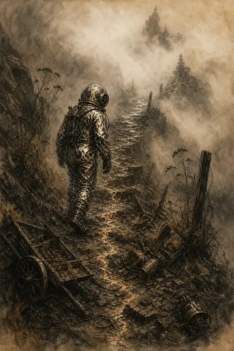 A melancholic nostalgic charcoal sketch of a deep-sea diver ascending a narrow m - AI生成图片 2
