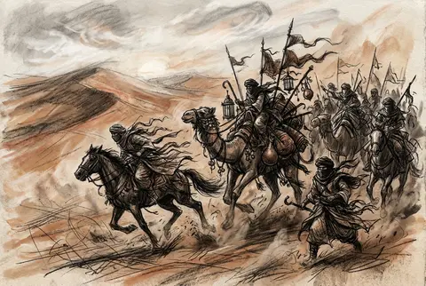 A storm of desert nomads racing across wind-carved dunes at first light, their l - AI生成图片 3