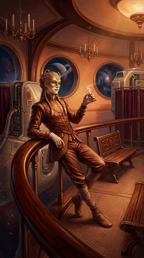 A masked carnival acrobat drifts beside a moored maintenance pod inside a hushed - AI生成图片 1
