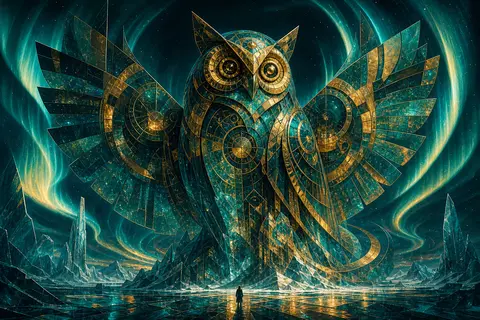 A monumental clockwork owl rises from a frozen tundra beneath sweeping aurora cu - AI生成图片 2