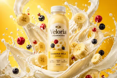 Veloria Creamworks banana-milk drink bottle centered in a high-impact commercial - AI生成图片 1