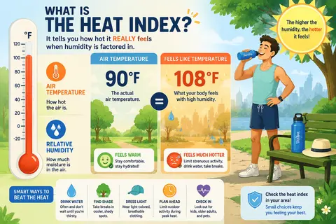 Friendly infographic-style illustration explaining the heat index, split-scene l - AI生成图片 3