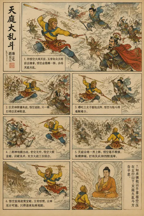 请以传统中国连环画/小人书的风格绘制《西游记》中的“天庭大乱斗”。运用经典的墨线技法，以黑色勾勒轮廓并采用传统着色，描绘孙悟空与天庭大侠激战的动感场景。保持原汁 - AI生成图片 2