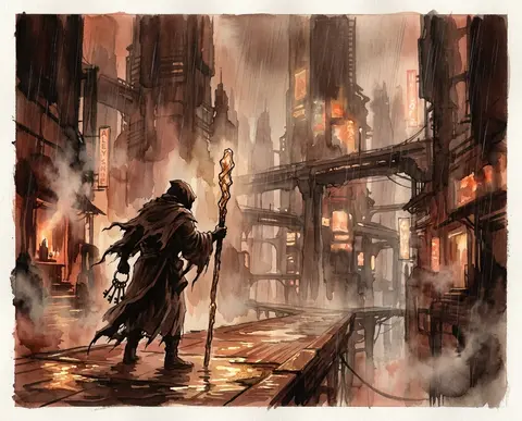 A haunting traditional ink wash painting of a solitary lighthouse keeper driftin - AI生成图片 1