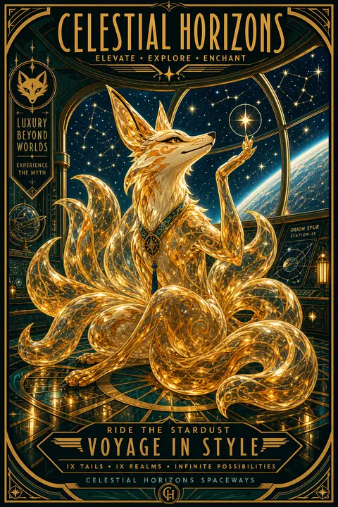 Whimsical art deco travel poster of a mythical nine-tailed fox spirit lounging i - AI生成图片 2