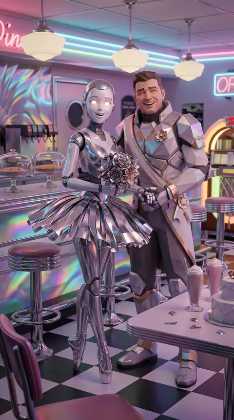 A joyful wedding portrait of two original battle-arena champions inside a neon-l - AI生成图片 4