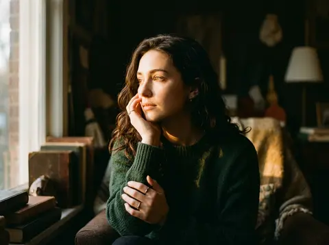 A cinematic portrait of a person is sitting in soft dramatic lighting. The face - AI生成图片 2