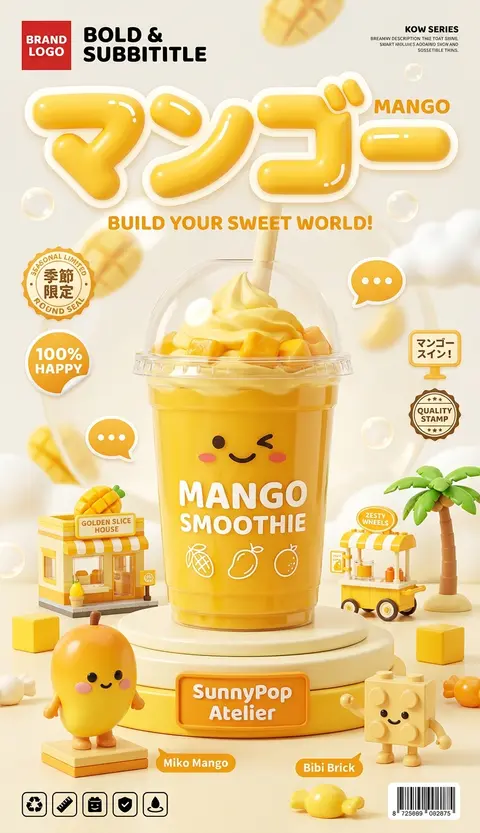 一张高端商业海报风的3D电商产品主视觉，主题为“芒果奶昔 / mango smoothie”，整体采用奶油白与明亮芒果黄的治愈系单色配色，纵向构图，接近4:7海 - AI生成图片 3