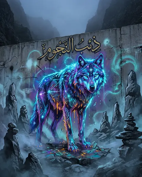An immense wolf formed from glowing star-charts prowls across a narrow mountain - AI生成图片 2