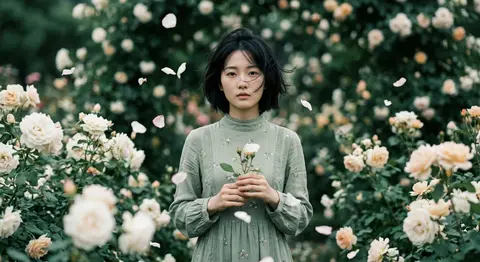 一幅电影感、梦幻写实的人像摄影作品：年轻东亚女性“林夏澜”伫立在盛放的玫瑰花园中，半身近景肖像，居中构图，直视镜头，神情安静克制，带着一丝若有若无的忧郁。她五官 - AI生成图片 3