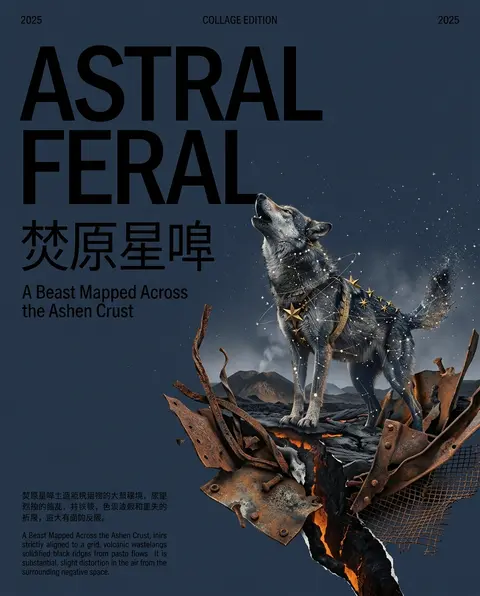 竖版艺术展海报，超大面积留白但不是纯白而是带轻微灰烬颗粒的午夜海军蓝雾面底，右侧与下半部主体为一匹由星群、星图连线与微弱天体尘埃构成的狼，正从焦黑熔岩裂谷边缘抬 - AI生成图片 2