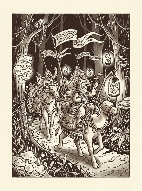 Joyful desert caravan gliding through a bioluminescent night forest, clay-rimmed - AI生成图片 4