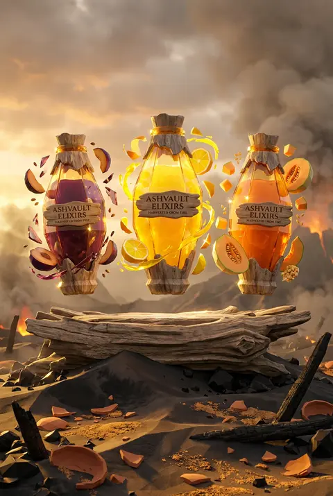 Epic campaign tableau for a fictional premium brand, “ASHVAULT ELIXIRS” — a monu - AI生成图片 3