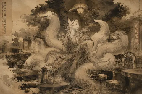一张史诗般庄严的纵向艺术海报：神话中的九尾狐灵端坐在一间1950年代复古餐馆中央，如同古老祭坛上的王者，九条尾巴缓缓铺展开来，仿佛山脉与潮汐。狐灵并非写实兽形， - AI生成图片 2