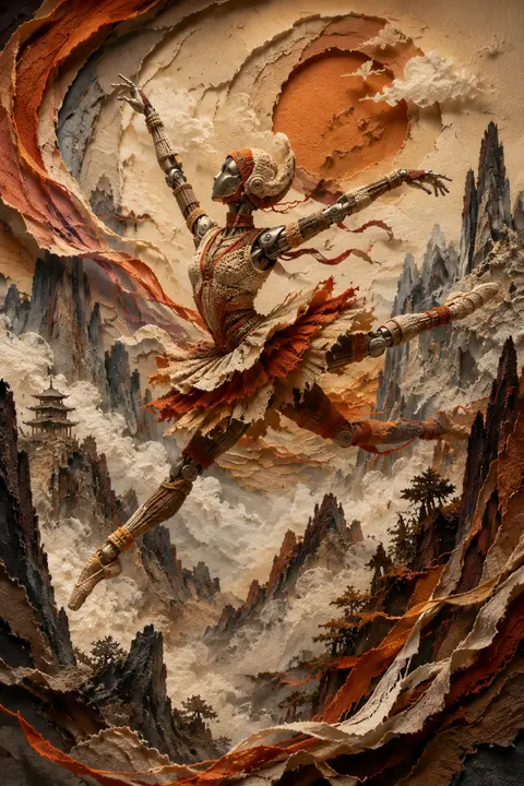 A robotic ballet dancer leaping through a fog-shrouded mountain pass, assembled - AI生成图片 1