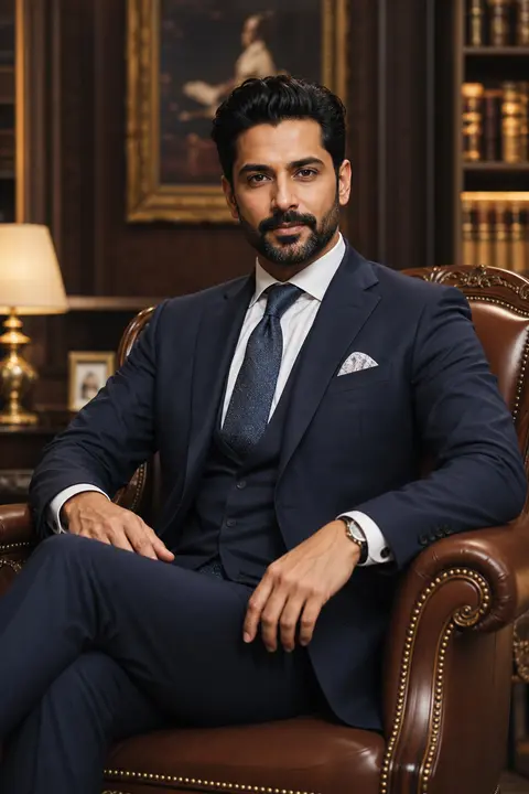 Sitting EleganceBody: Luxury chair par sidhi posture.Hands: Ek lap par, doosra a - AI生成图片 1