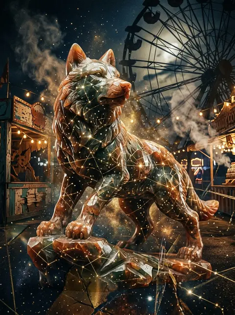 carved jade wolf formed from constellations, tense midnight carnival, double-exp - AI生成图片 4