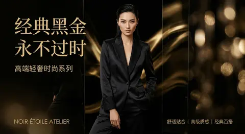 现代轻奢时尚广告大片，主角为虚构华裔时尚名模 `Lin Yuefen`，约 28 岁，冷艳自信，拥有高级时装编辑感气质，身着一套午夜黑缎面奢华套装，点缀细腻若隐 - AI生成图片 3