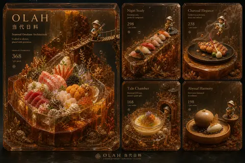 An isometric miniature campaign tableau for **OLAH / 当代日料** reimagined as a play - AI生成图片 1