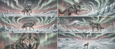纵向长幅拼贴壁画海报，6个横向画面层叠，以细窄白色分隔线切开，整体呈现震撼、纪念碑式的史诗气场；主角是一匹由星群与发光星轨编织而成的巨狼，躯体像夜空裂缝般闪烁， - AI生成图片 2