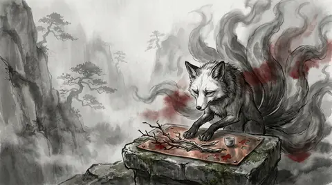 A melancholic fox deity with nine smoke-like tails, rendered in traditional ink - AI生成图片 1