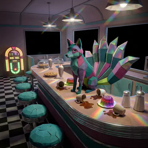 A mysterious nine-tailed fox spirit perched on a chrome-and-vinyl diner counter - AI生成图片 1