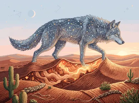 9:16 vertical poster, 16-bit pixel art, intimate and quiet mood. A colossal wolf - AI生成图片 1
