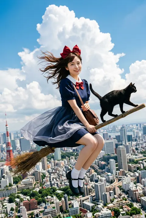 空の便、リアルな実写合成風ファンタジーフォト。縦長2:3、明るい夏の都心上空を舞う若い女性魔女と黒猫を、やや広角・近距離・少し見下ろす視点で捉えたダイナミックな - AI生成图片 3