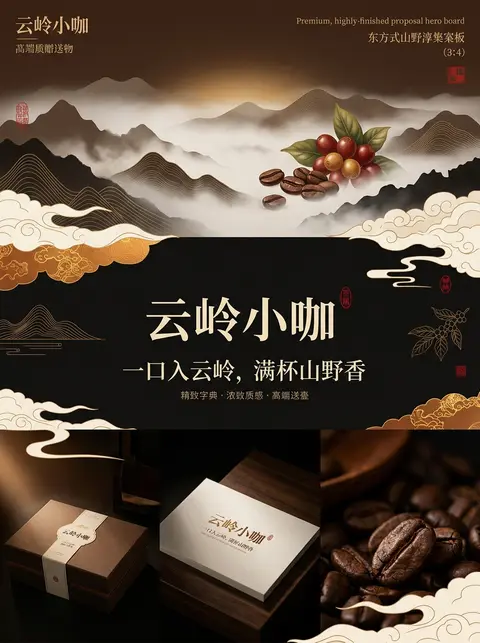 第1张｜品牌主视觉封面图 / Brand Hero Board，3:4竖构图，高完成度商业品牌提案海报风，围绕「云岭小咖」建立统一品牌视觉DNA：东方山野的醇厚 - AI生成图片 2