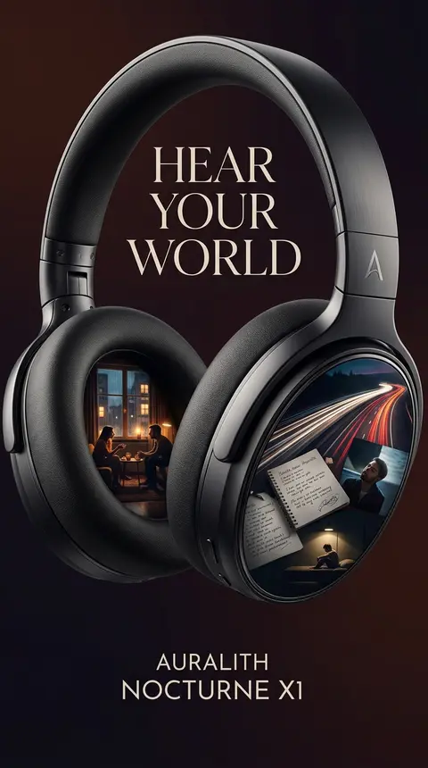 A premium 9:16 audio advertising poster featuring the `Auralith Nocturne X1`, a - AI生成图片 2