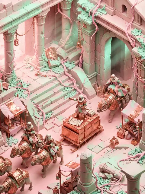 An isometric miniature tableau of a desert nomad caravan threading through ancie - AI生成图片 4