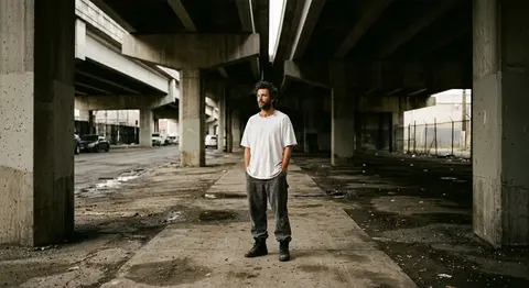 A moody urban portrait of a solitary drifter standing beneath a desolate concret - AI生成图片 2