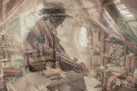 double-exposure photography of a wandering street musician nested inside a cozy - AI生成图片 1