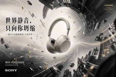 为Sony WH-1000XM5降噪耳机制作「万有引力」产品广告海报。主体：Sony WH-1000XM5降噪耳机悬浮于视觉中心，作为强大引力源，将可视化声波波 - AI生成图片 2