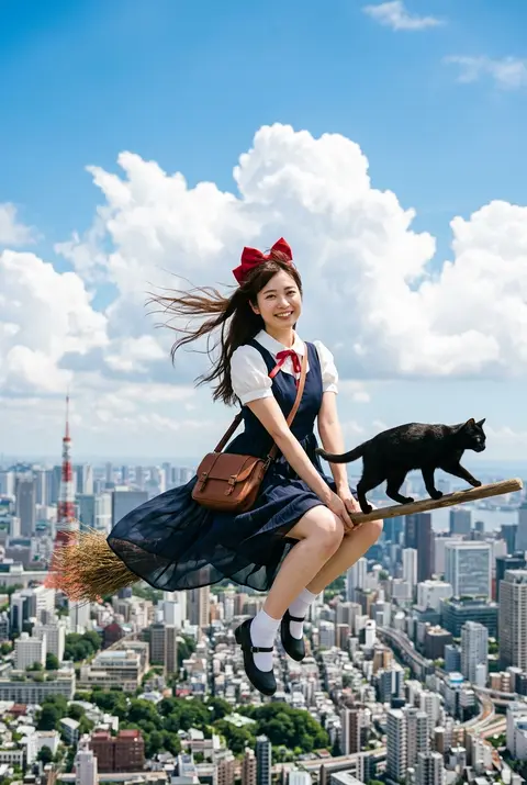 空の便、リアルな実写合成風ファンタジーフォト。縦長2:3、明るい夏の都心上空を舞う若い女性魔女と黒猫を、やや広角・近距離・少し見下ろす視点で捉えたダイナミックな - AI生成图片 1