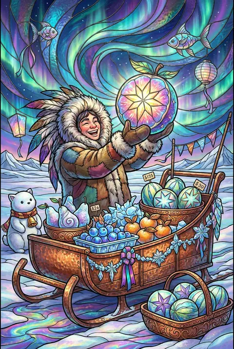 一幅充满奇想与冲击力的竖版极地集市幻想海报：画面中央是一位神采飞扬的水果摊贩，裹着层层拼接的御寒围裙与夸张羽饰兜帽，站在一辆由 hammered copper - AI生成图片 1