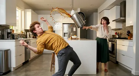 Surreal comedic freeze-frame in a sleek modern kitchen: Julian Voss, a wiry aubu - AI生成图片 2