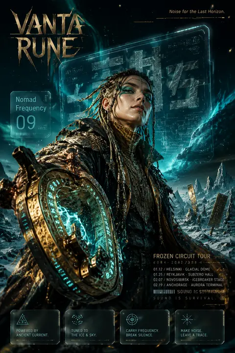 竖版赛博霓虹插画海报，一位流浪街头乐师立于极夜冻原的裂冰脊线上，脚边散落自制音响零件与被风卷起的发光谱纸，姿态前冲，像把整片寒空点燃；角色设定为中性气质的瘦高旅 - AI生成图片 1