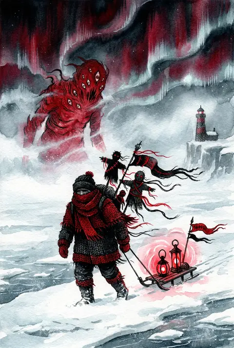 A solitary lighthouse keeper wrapped in heavy knitted wool layers trudges across - AI生成图片 2