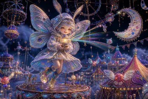 名为“露米”的微型月光灯塔守护者，一只穿着星屑雨衣的银灰色飞蛾精灵，悬浮在午夜嘉年华的旋转木马中央，双手捧着一枚会眨眼的微型灯塔信标，笑容狡黠而灿烂，像在秘密守 - AI生成图片 2