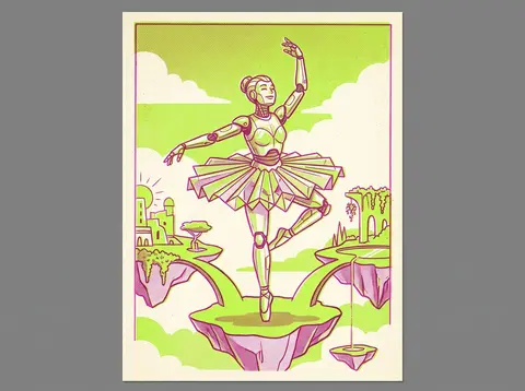 A joyful sun-drenched risograph poster of a robotic ballet dancer poised on a dr - AI生成图片 3
