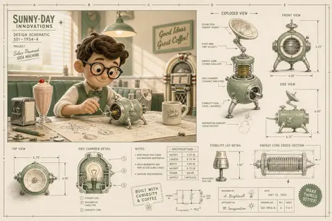 a young tinkering inventor in a 1950s retro diner, blueprint schematic compositi - AI生成图片 2