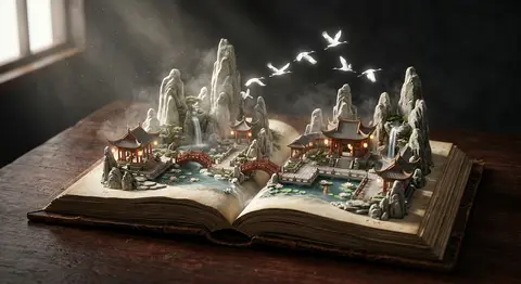 An ancient, weather-softened leather codex lies open across a near-black mahogan - AI生成图片 3