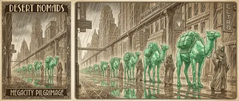 A towering art deco travel poster depicting a desert nomad caravan advancing thr - AI生成图片 4