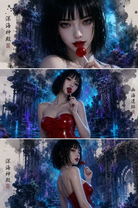 A tense cinematic ink-wash triptych in a 9:16 vertical collage, separated by cri - AI生成图片 1