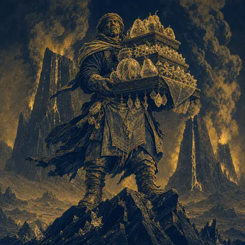 Full-body depiction of a weathered fruit vendor standing atop a jagged obsidian - AI生成图片 1