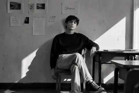 Create a high-contrast black-and-white cinematic portrait in a quiet classroom, - AI生成图片 4